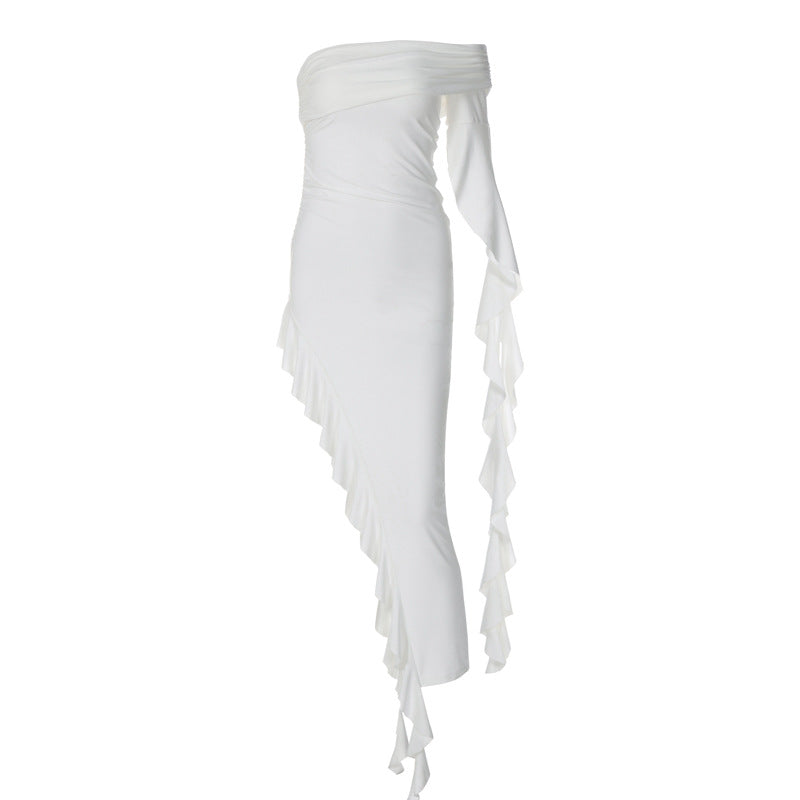 Sex One-shoulder Pleated Solid Color Dress