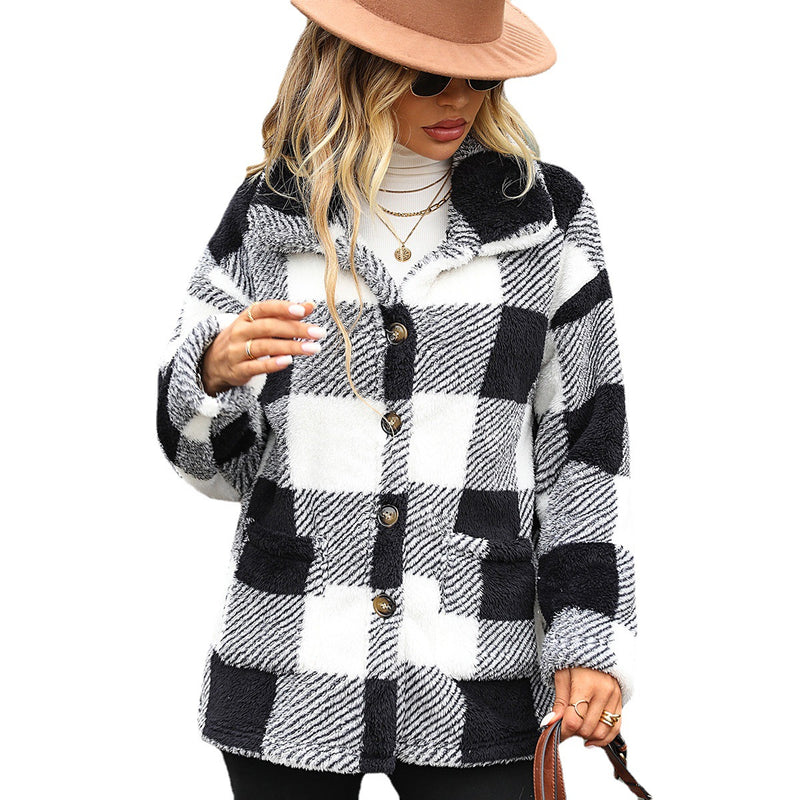 Long Sleeve Mid-Length Plaid Single-Breasted Double-Sided Fleece Casual Jacket