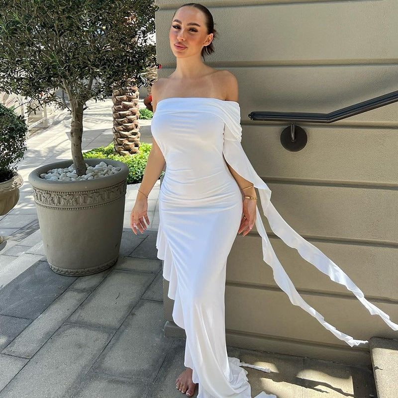 Sex One-shoulder Pleated Solid Color Dress