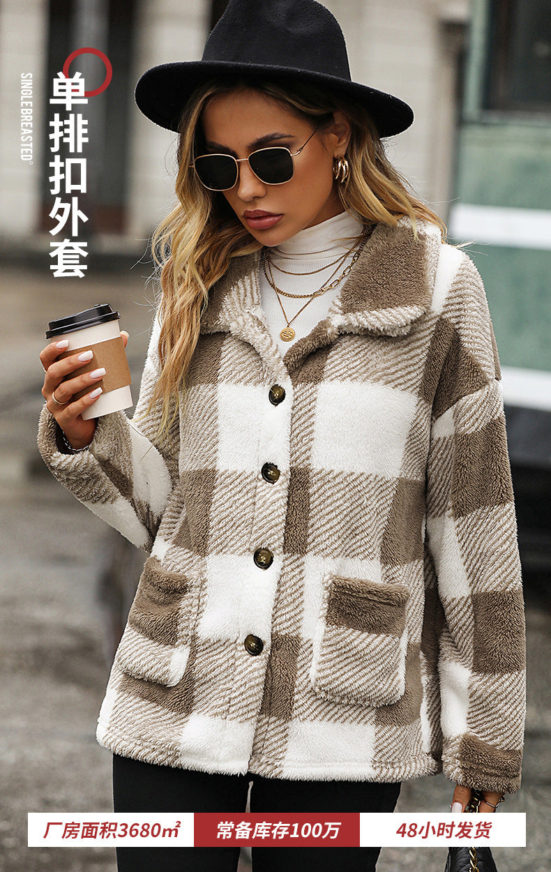 Long Sleeve Mid-Length Plaid Single-Breasted Double-Sided Fleece Casual Jacket