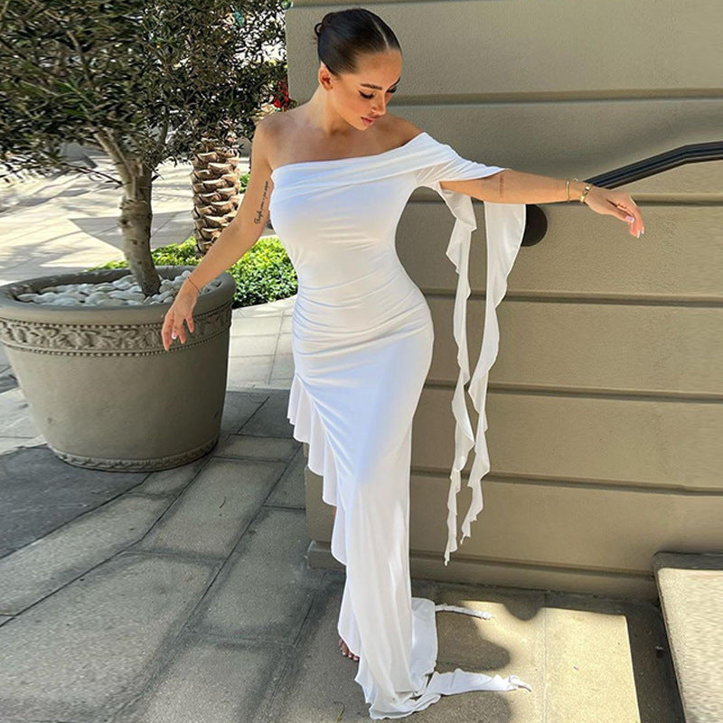 Sex One-shoulder Pleated Solid Color Dress