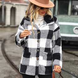 Long Sleeve Mid-Length Plaid Single-Breasted Double-Sided Fleece Casual Jacket