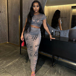 Sexy Mesh Printing Short Sleeve Open Top Dress Set