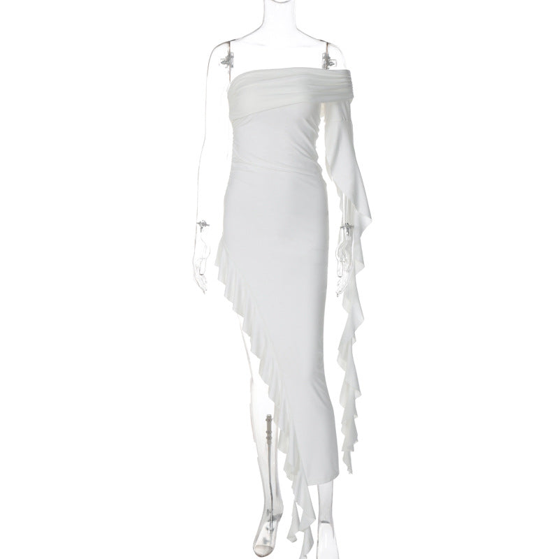 Sex One-shoulder Pleated Solid Color Dress