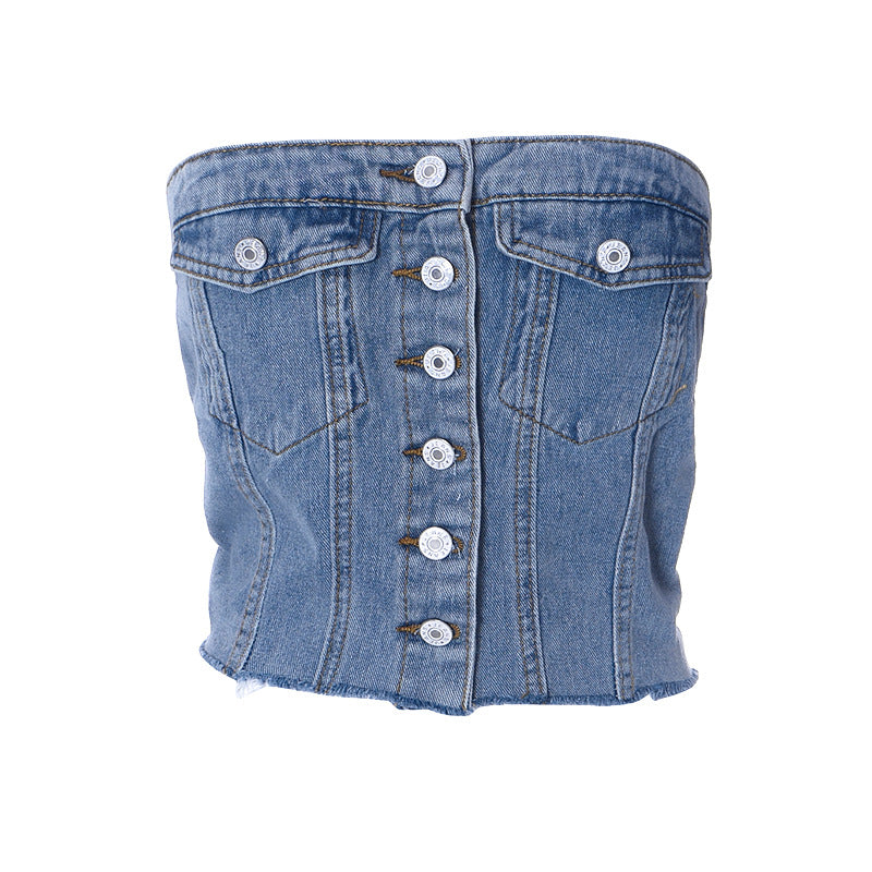 Denim Shrink-wrapped Button-up Top