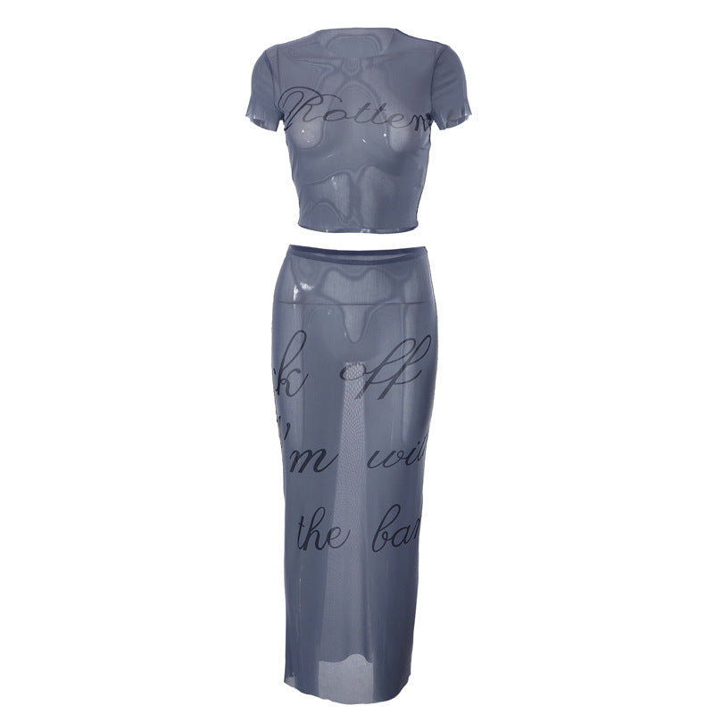 Sexy Mesh Printing Short Sleeve Open Top Dress Set