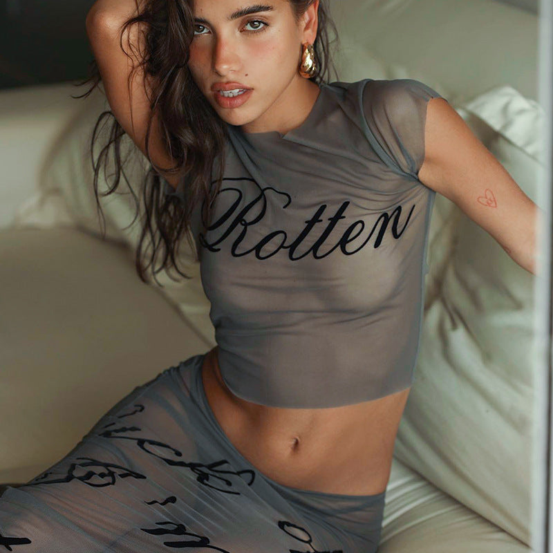 Sexy Mesh Printing Short Sleeve Open Top Dress Set