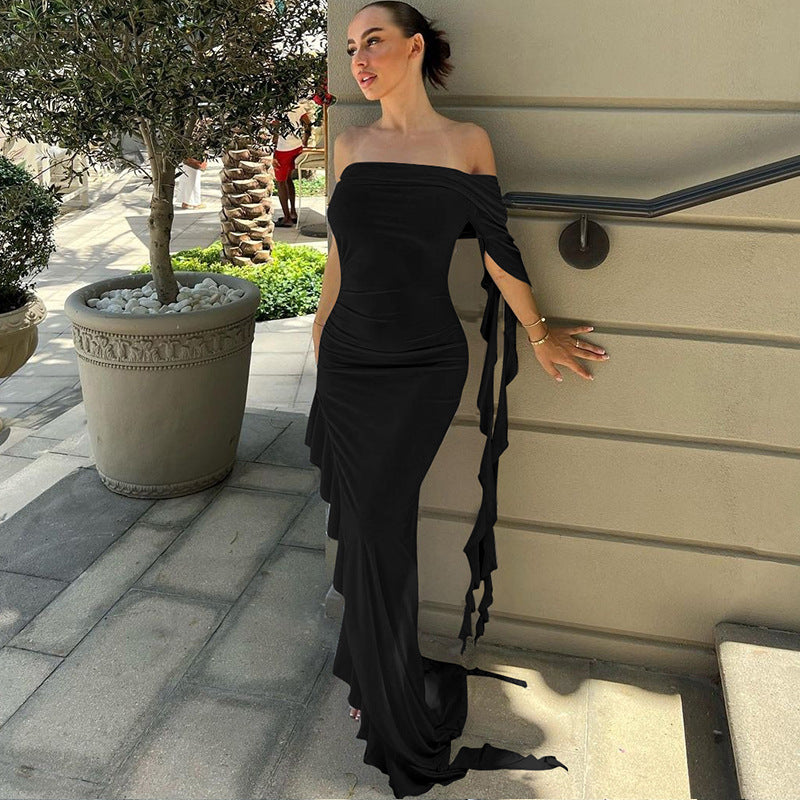 Sex One-shoulder Pleated Solid Color Dress
