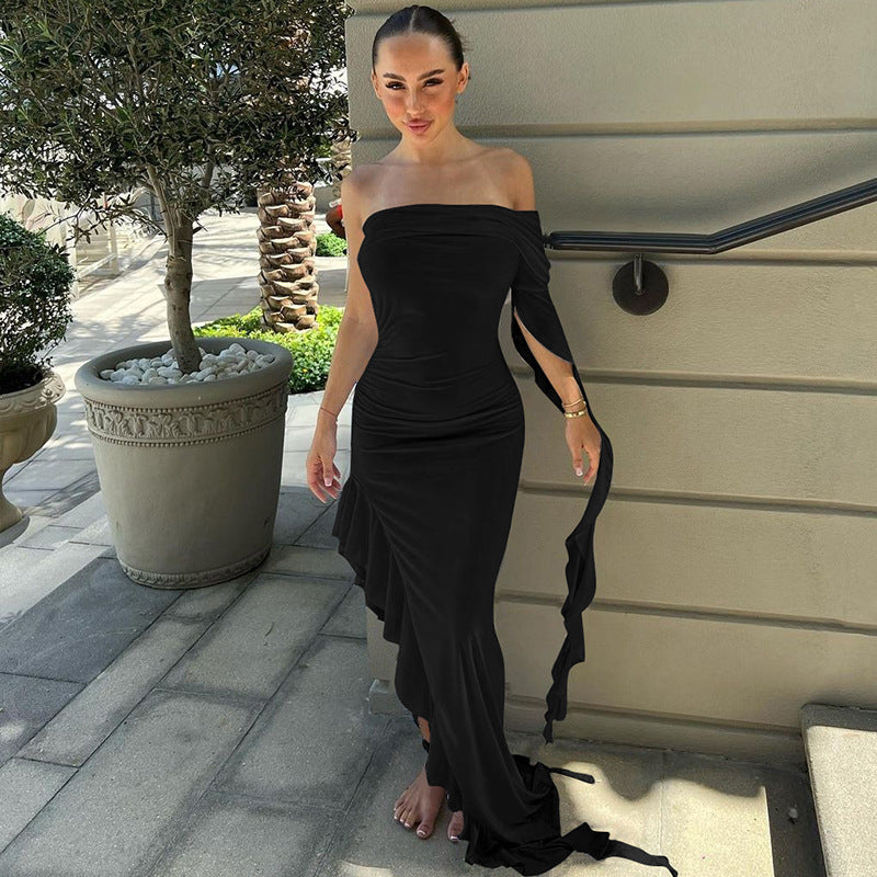 Sex One-shoulder Pleated Solid Color Dress