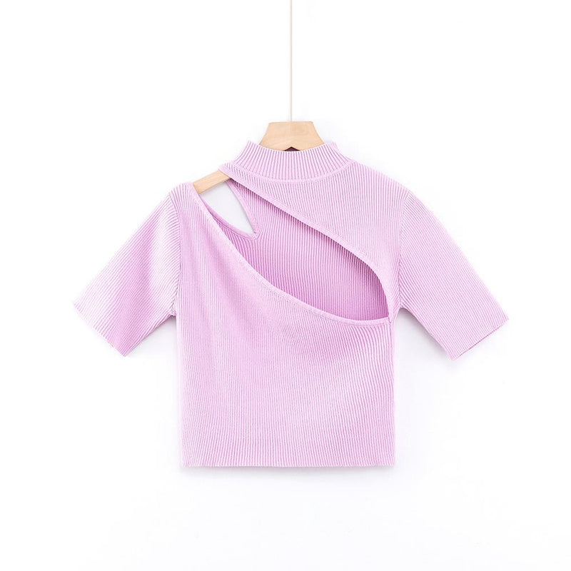 Candy Color High Neck Ribbed Knitted T-shirt