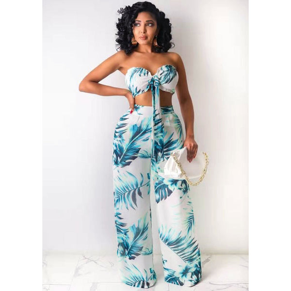 2 pcs Women Set Print Slash Neck Strapless Short Tops Long Pants Summer Beach Outfits