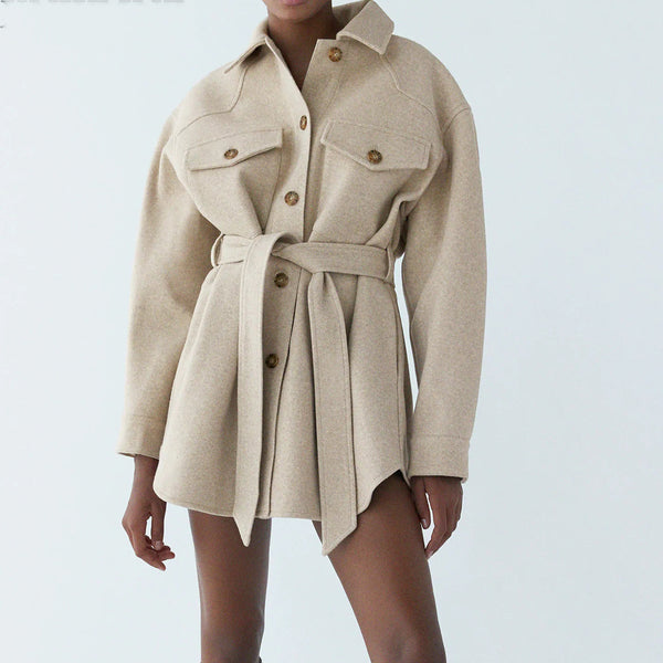 With Belt Loose Woolen Jacket Coat Vintage Long Sleeve Side Pockets Overcoat