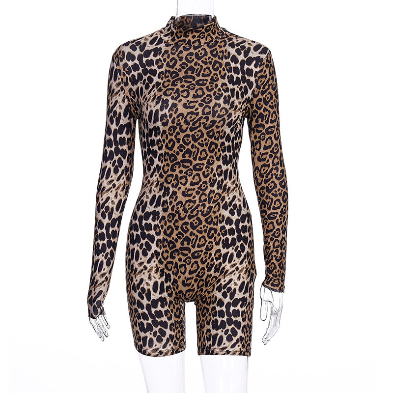 Women High Neck Sexy Leopard Printed Short Ropmer