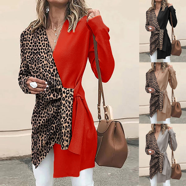 V-neck Patchwork Leopard Blazer Coat