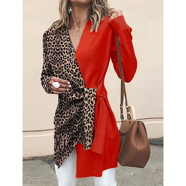 V-neck Patchwork Leopard Blazer Coat