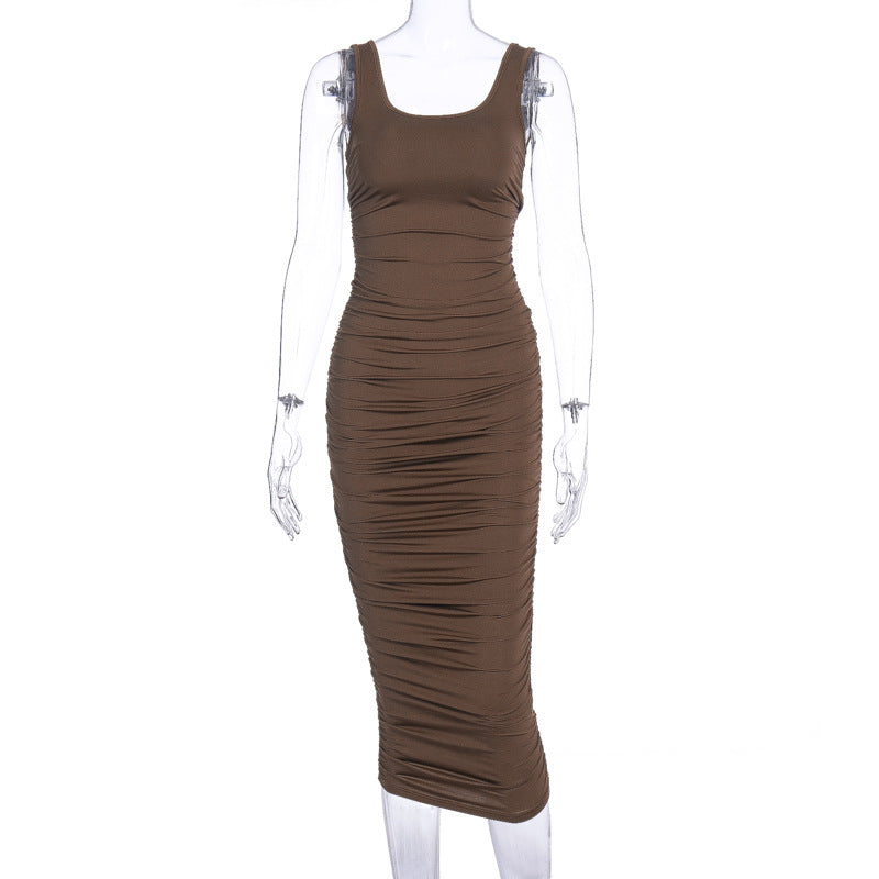 Women Solid Sleeveless Ruched Bodycon Dress