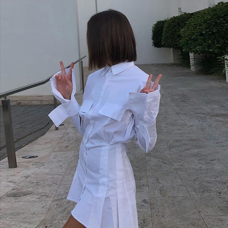 V-neck Solid Color High Waist Black White Shirt Dress
