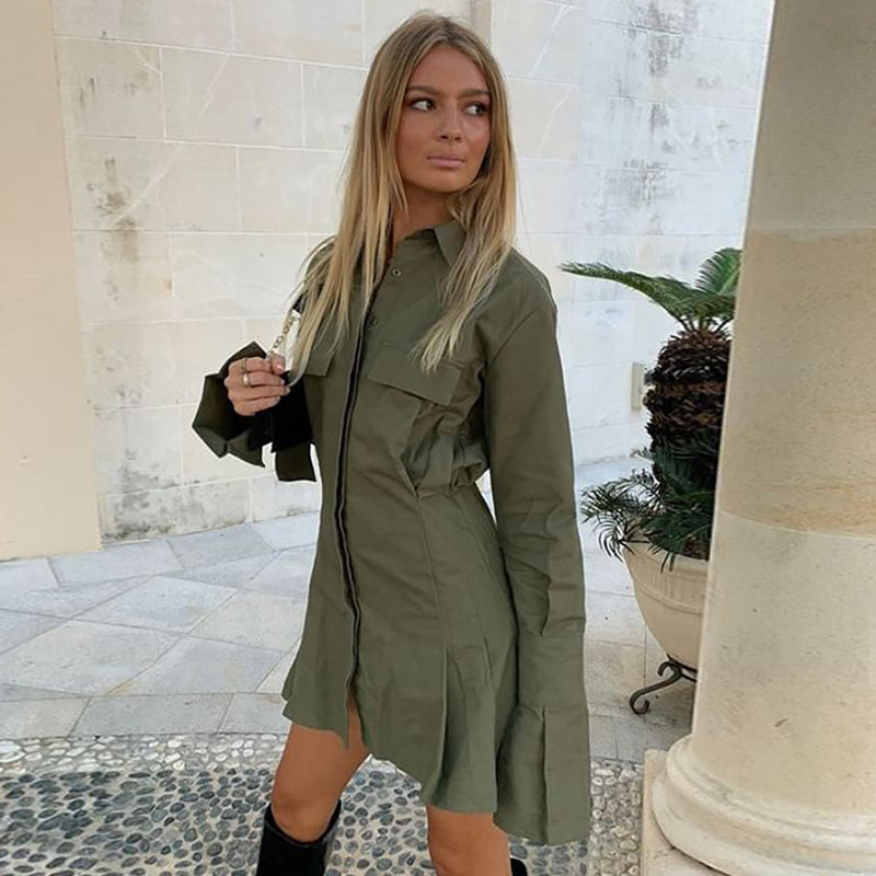 V-neck Solid Color High Waist Black White Shirt Dress
