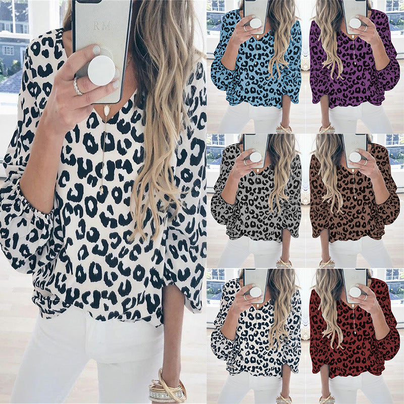 Lanter Sleeve Leopard Printed Blouse