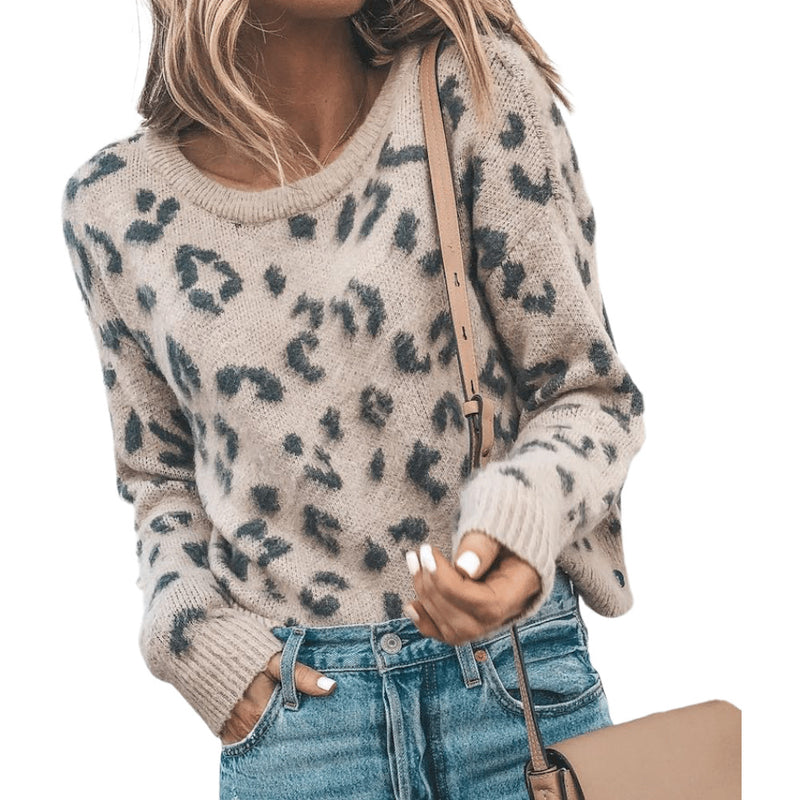 Leopard Printed Long Sleeve Knitwear Pullover