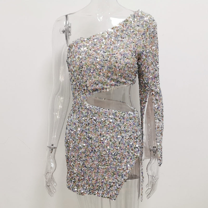 One-shoulder Hollow Split Sequin Sexy Party Dress