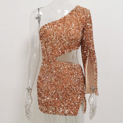 One-shoulder Hollow Split Sequin Sexy Party Dress