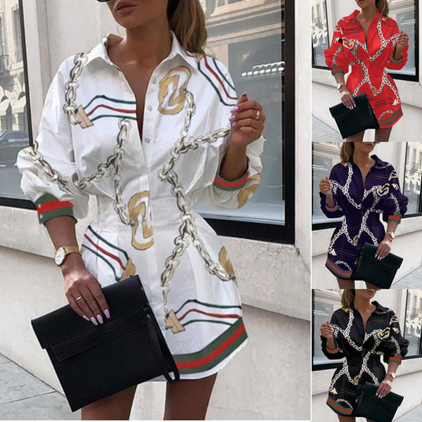 Fashion Chain Printed Lantern Sleeve Blouse Shirt