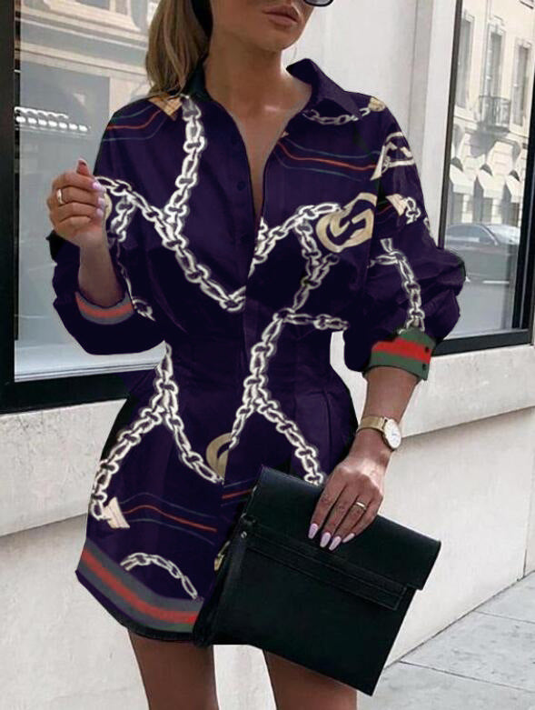 Fashion Chain Printed Lantern Sleeve Blouse Shirt