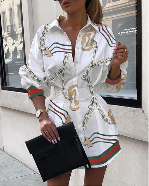 Fashion Chain Printed Lantern Sleeve Blouse Shirt