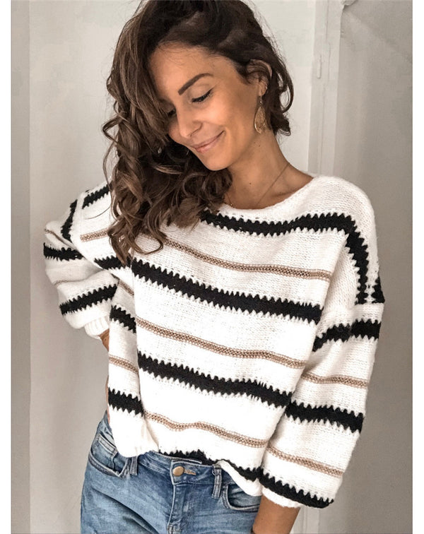 Patchwork Color Striped O-neck Pullover Knitted Sweater