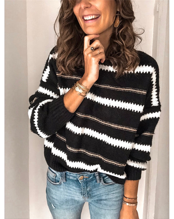 Patchwork Color Striped O-neck Pullover Knitted Sweater