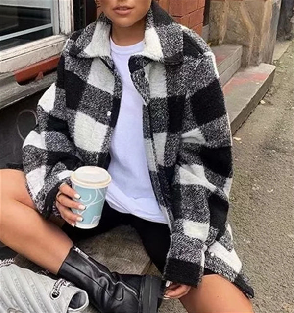 Women Autumn Winter Long Sleeve Elegant Plaid Jacket Coat