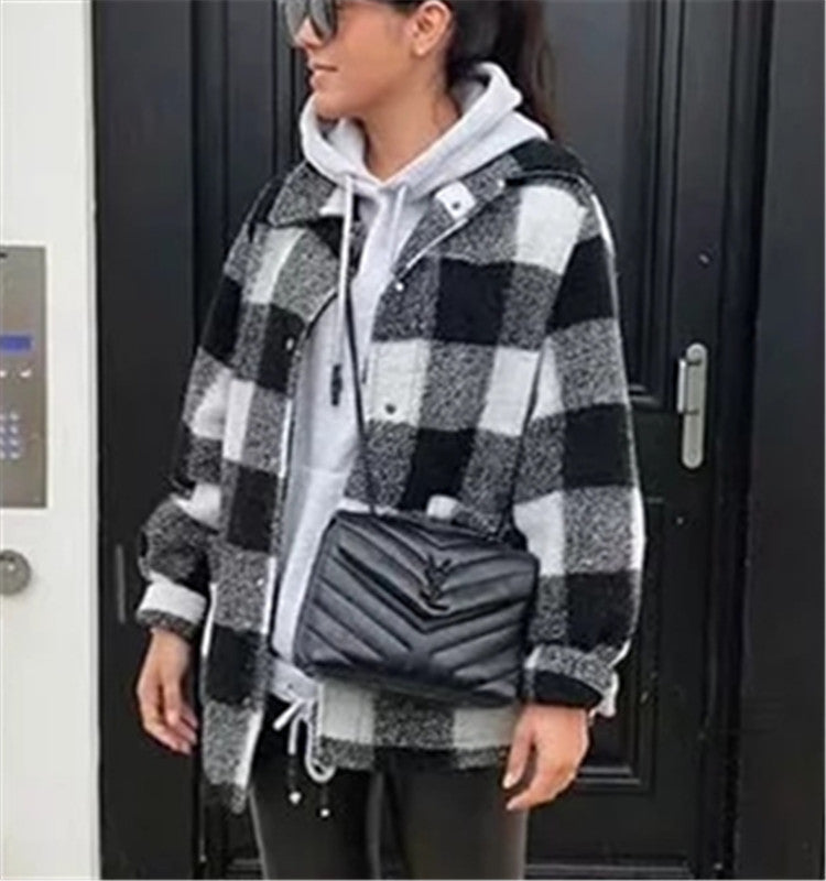 Women Autumn Winter Long Sleeve Elegant Plaid Jacket Coat