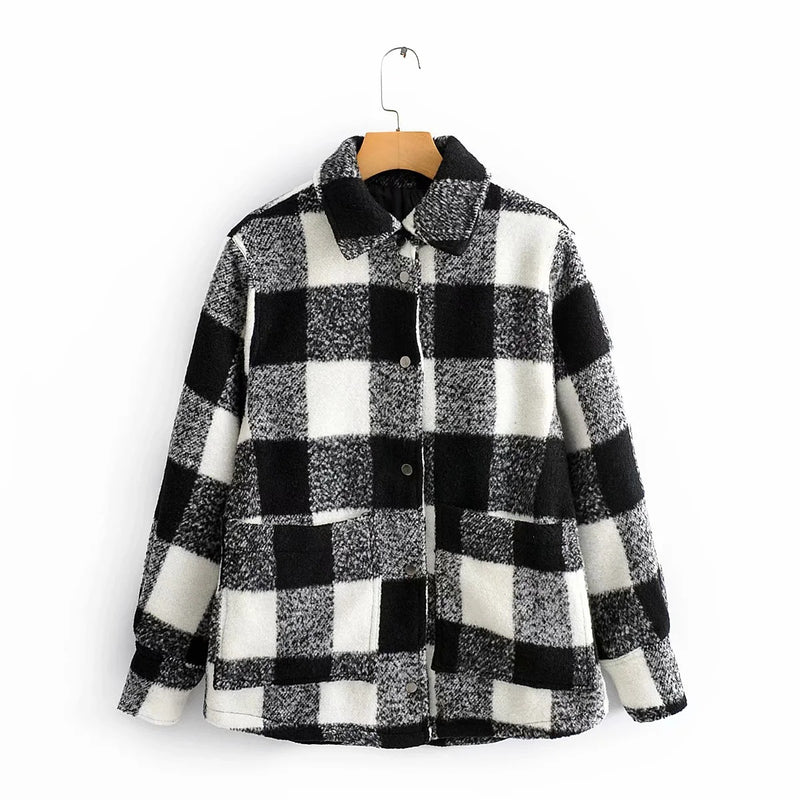 Women Autumn Winter Long Sleeve Elegant Plaid Jacket Coat