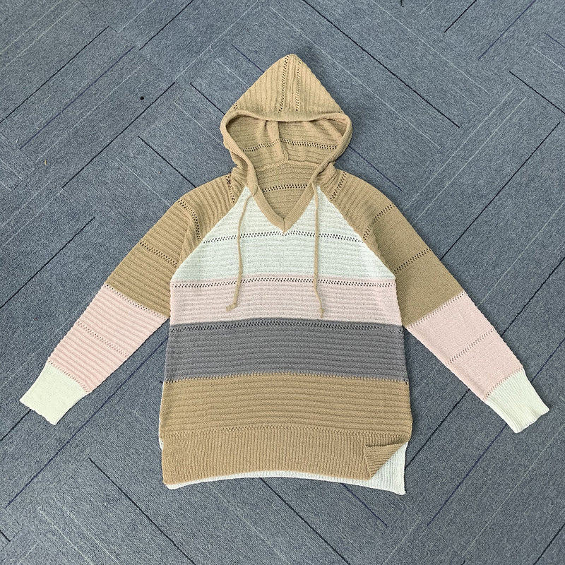 Hit Color Long Sleeve Hoodies Knitted Sweatshirts