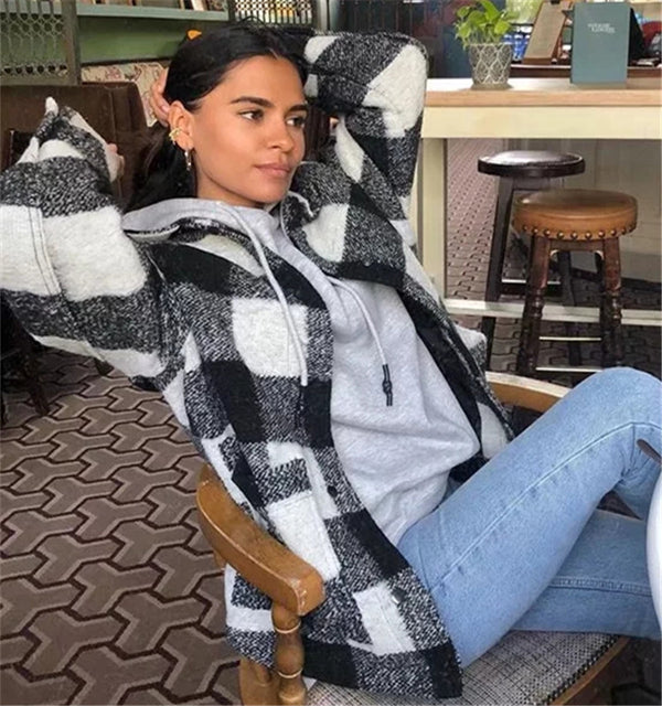 Women Autumn Winter Long Sleeve Elegant Plaid Jacket Coat
