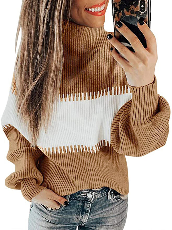Hit Color Patchwork Women Long Sleeve Sweater