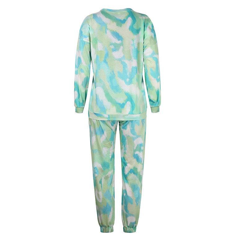 Women Set Tie Dye Long Sleeve Top Shirt O Neck And Pants Tracksuit Two Piece Set