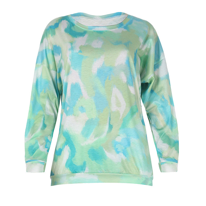 Women Set Tie Dye Long Sleeve Top Shirt O Neck And Pants Tracksuit Two Piece Set