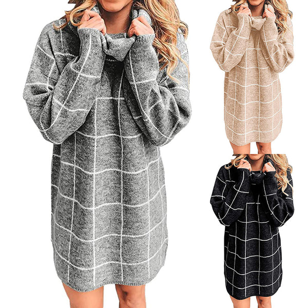 Turtle-neck Plaid Fashion Long Sweater
