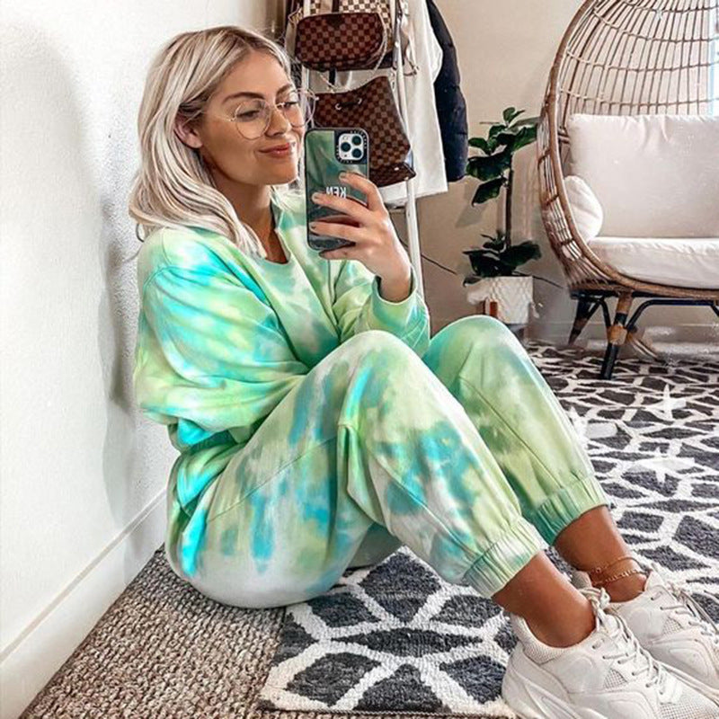 Women Set Tie Dye Long Sleeve Top Shirt O Neck And Pants Tracksuit Two Piece Set