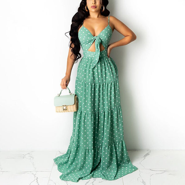12 Pieces Sets Women Polka Dot Printed Bow Knot Design Top & Maxi Skirts