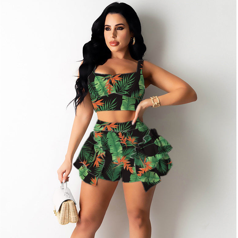 2 pcs Women Set Print Spaghetti Strap Short Tops and Shorts Summer Beach Outfits
