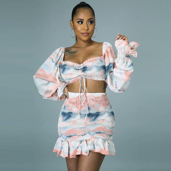 2 pcs Women Set Print Tie Dye Square Neck Short Tops Sexy Mini Dress