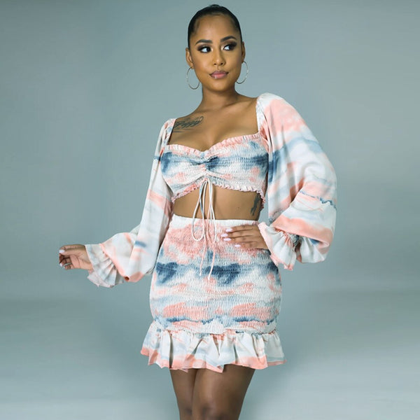 2 pcs Women Set Print Tie Dye Square Neck Short Tops Sexy Mini Dress