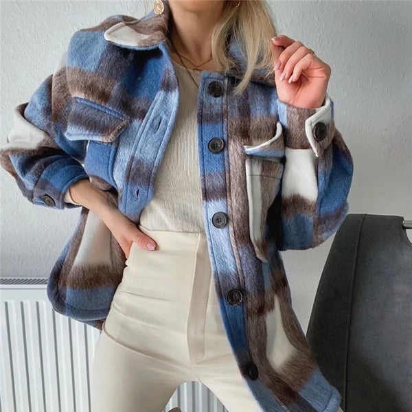 Fashion Women Plaid Shirt Jacket Vintage Brushed Fur Coat