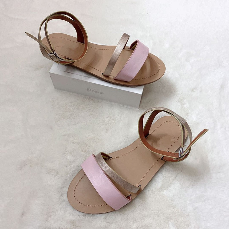 Women Sandals Flat Sanke Summer Casual Beach Gold Ankle Buckle Shoes Ladies Comfort Cool Footwear