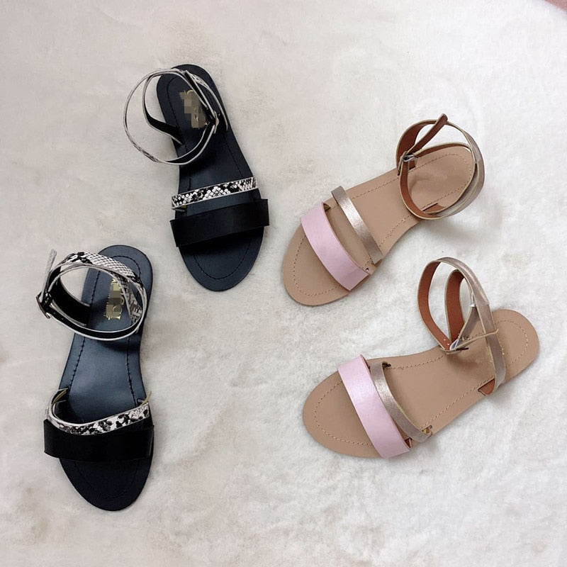 Women Sandals Flat Sanke Summer Casual Beach Gold Ankle Buckle Shoes Ladies Comfort Cool Footwear