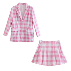 2 Piece Set Suit Blazer Women Checkered Blazer Skirt Set