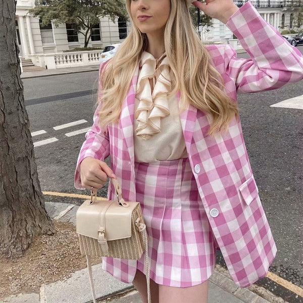 2 Piece Set Suit Blazer Women Checkered Blazer Skirt Set